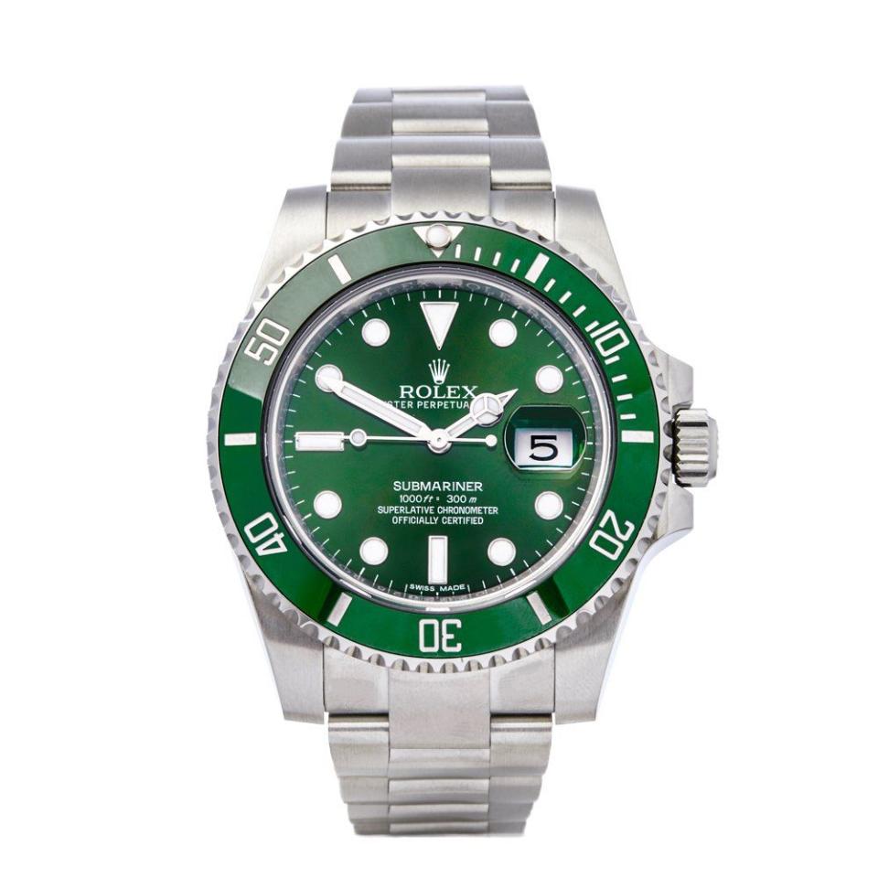 <p><a class="link " href="https://www.rolex.com/watches/submariner/m116610lv-0002.html" rel="nofollow noopener" target="_blank" data-ylk="slk:SHOP;elm:context_link;itc:0;sec:content-canvas">SHOP</a></p><p>'Oyster Perpetual Submariner Date in Oyster Steel with Green Cerachrom Bezel and a Green Dial with Large Luminescent Hour Markers'. Or, if you prefer: the Rolex Hulk. Introduced in 2010, it immediately fired the imagination of watch fans. The green isn’t just eye-catching, it’s fluid, going from bright to dark green in different light conditions. </p><p>£7,450; <a href="https://www.rolex.com/watches/submariner/m116610lv-0002.html" rel="nofollow noopener" target="_blank" data-ylk="slk:rolex.com;elm:context_link;itc:0;sec:content-canvas" class="link ">rolex.com</a></p>