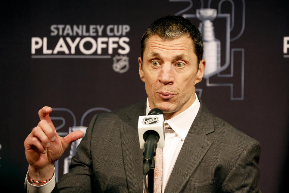 Carolina Hurricanes head coach Rod Brind'Amour speaks at a news conference following Game 2 of an NHL hockey Stanley Cup first-round playoff series against the New York Islanders in Raleigh, N.C., Monday, April 22, 2024. (AP Photo/Karl B DeBlaker)