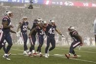 Oct 22, 2017; Foxborough, MA, USA; New England Patriots cornerback Jonathan Jones (31), defensive back Nate Ebner (43), middle linebacker Dont'a Hightower (54) and teammates celebrate after Atlanta Falcons kicker Matt Bryant (3) misses his field goal attempt in the second half at Gillette Stadium. Mandatory Credit: David Butler II-USA TODAY Sports