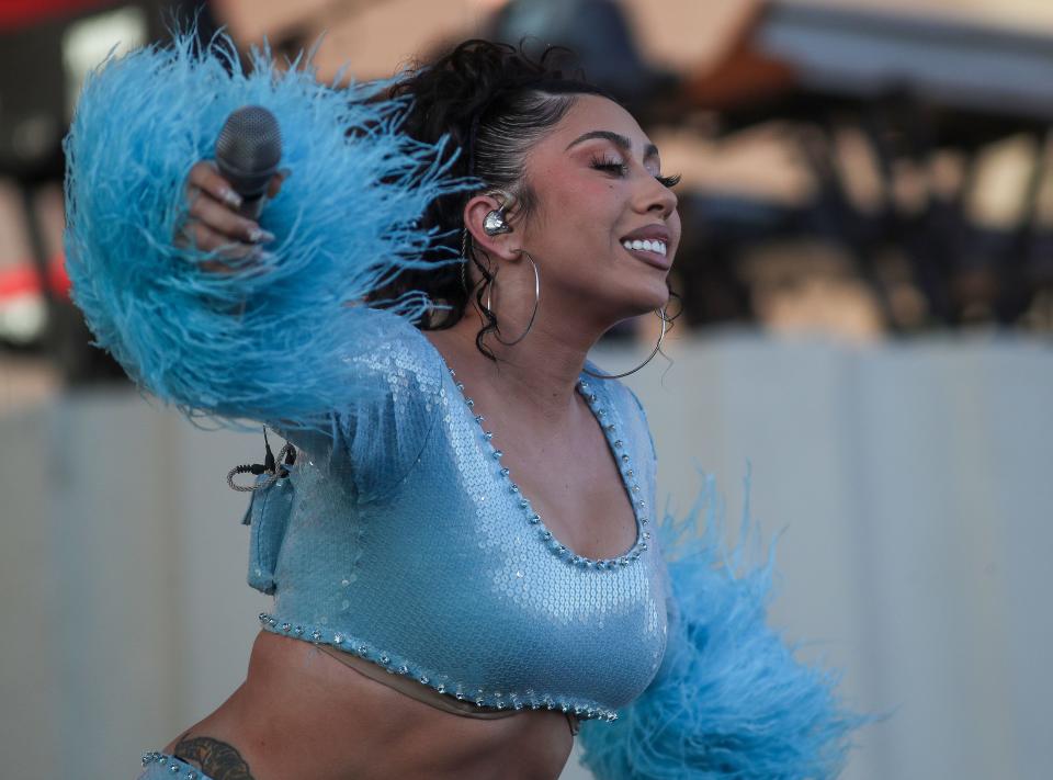 Kali Uchis performs on the Coachella Stage at the Coachella Valley Music and Arts Festival at the Empire Polo Club in Indio, Calif., Sun., April 23, 2023. 