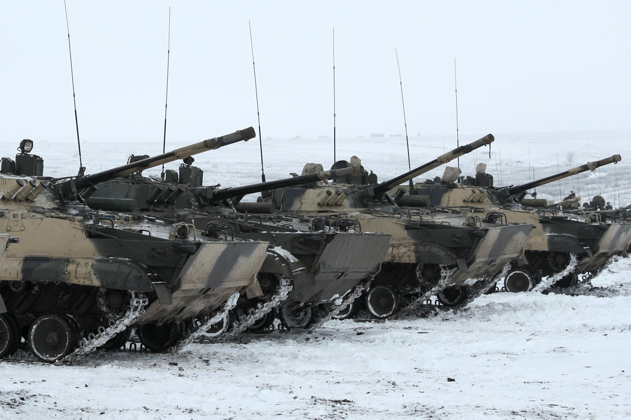 BMP-3 infantry fighting vehicles of the Russian Southern Military District's 150th Rifle Division take part in a military exercise at Kadamovsky Range. (Erik Romanenko\TASS via Getty Images)