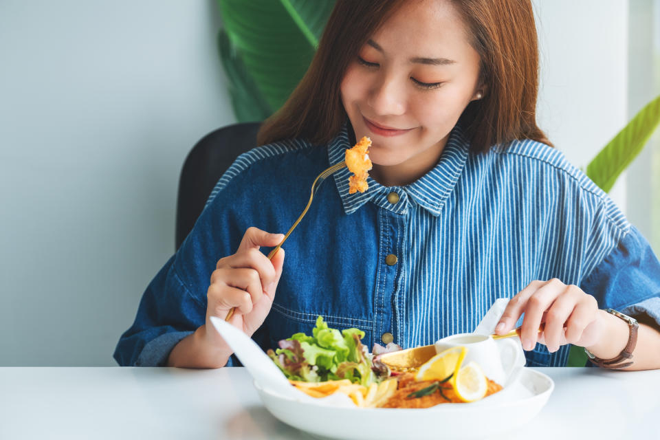 Try this recipe for fish-free fish and chips (posed by model, Getty images)