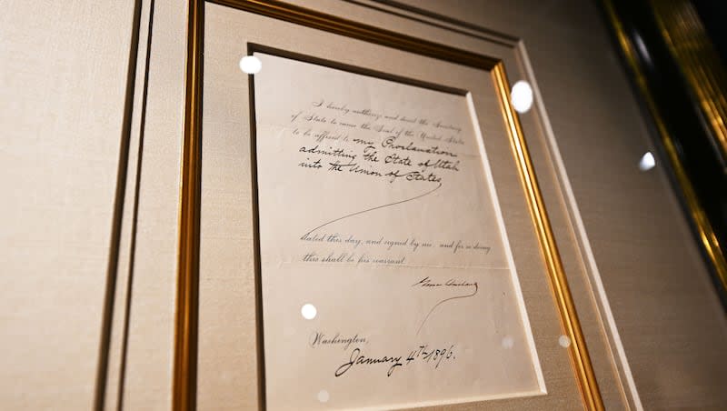 The document that made Utah a state is shown at Anthony’s Fine Art & Antiques in Salt Lake City on Monday, April 22, 2024.