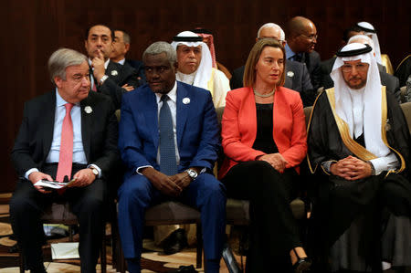 (From LtoR) United Nations Secretary General Antonio Guterres, African Union Commission Chairman Moussa Faki Mahamat, European Union foreign policy chief Federica Mogherini and Secretary General of Organization of Islamic Cooperation Yousef bin Ahmad Al-Othaimeen attend the 28th Ordinary Summit of the Arab League at the Dead Sea, Jordan March 29, 2017. REUTERS/Mohammad Hamed