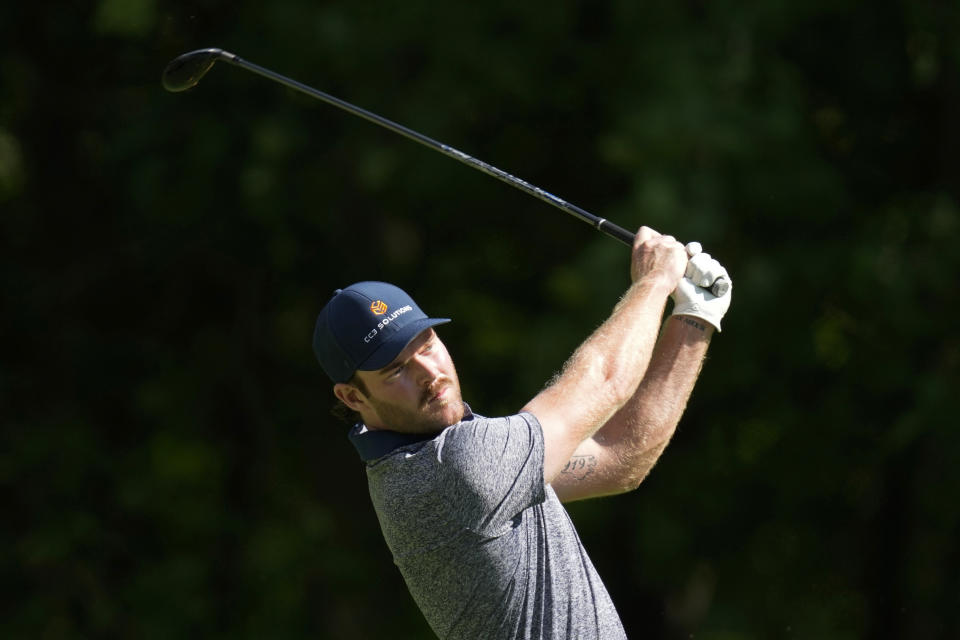 Grayson Murray hits off the sixth tee during the first round of the John Deere Classic golf tournament, Thursday, July 6, 2023, at TPC Deere Run in Silvis, Ill. (AP Photo/Charlie Neibergall)