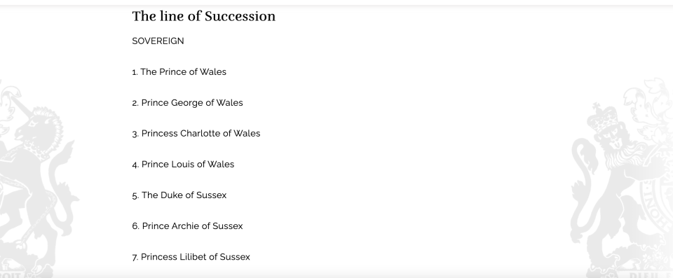 The updated line of succession with Archie and Lilibet's new titles on the official Royal Family website. (Royal.uk)