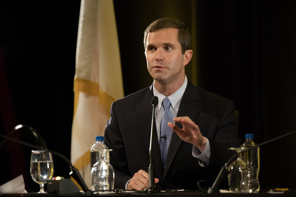 Andy Beshear responds to a question during the final Kentucky gubernatorial debate between incumbent Republican Matt Bevin and Democratic candidate Andy Beshear on Tuesday, Oct. 29, 2019 in Highland Heights, Ky. (Albert Cesare/The Cincinnati Enquirer via AP, Pool)