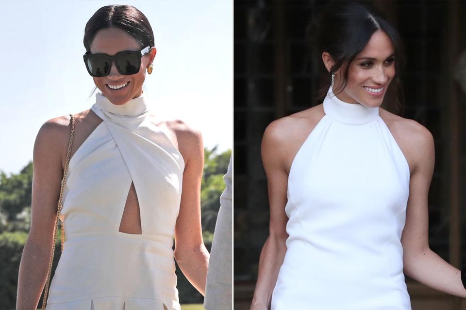 <p>Yaroslav Sabitov/PA Images via Getty; STEVE PARSONS/AFP via Getty</p> Meghan Markle at the Royal Salute Polo Challenge in Florida on April 12, 2024; Meghan Markle heads to evening wedding reception at Frogmore House on May 19, 2018