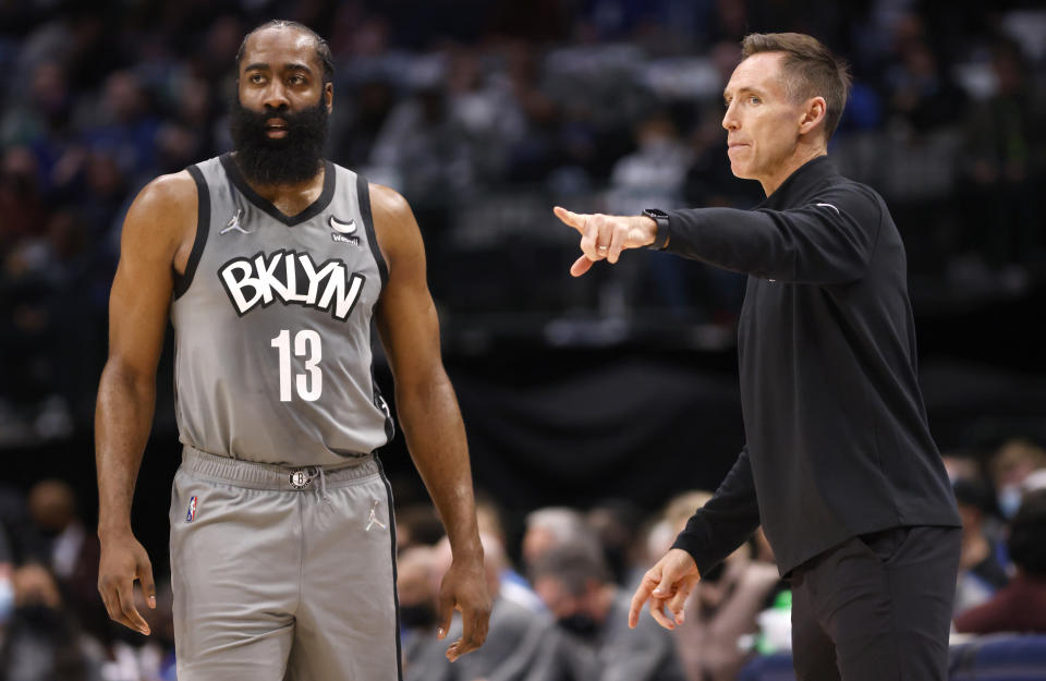 DALLAS, TX - DECEMBER 7: James Harden #13 and head coach Steve Nash of the Brooklyn Nets talk as the Nets play the Dallas Mavericks in the first half at American Airlines Center on December 7, 2021 in Dallas, Texas. NOTE TO USER: User expressly acknowledges and agrees that, by downloading and or using this photograph, User is consenting to the terms and conditions of the Getty Images License Agreement. (Photo by Ron Jenkins/Getty Images)