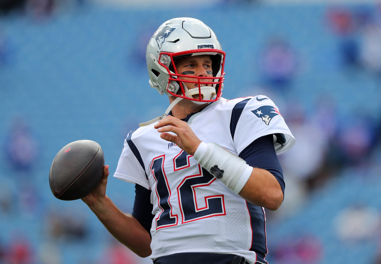 ORCHARD PARK, NY - SEPTEMBER 29:  Tom Brady #12 of the New England Patriots throws a pass before a game against the Buffalo Bills at New Era Field on September 29, 2019 in Orchard Park, New York.  Patriots beat the Bills 16 to 10. (Photo by Timothy T Ludwig/Getty Images)