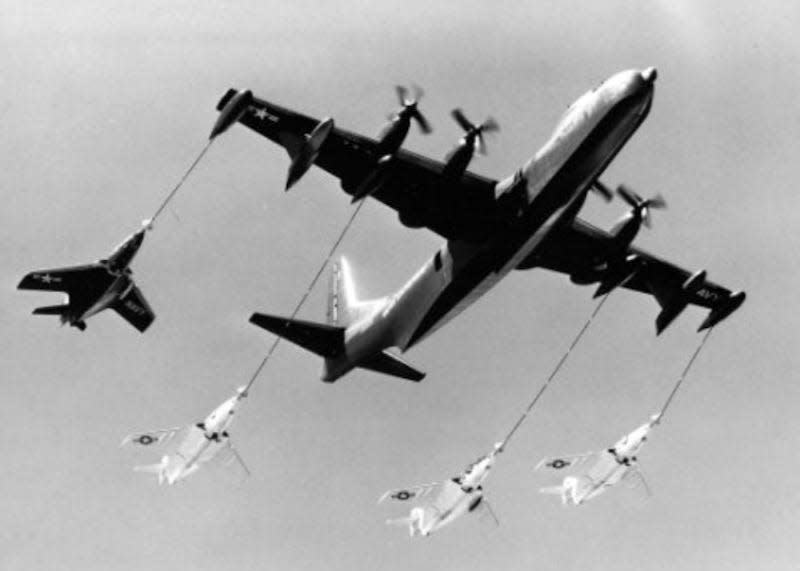 Convair R3Y-2 Tradewind refueling Grumman F9F-8 Cougar