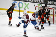 Colorado Avalanche forward Gabriel Landeskog (92) celebrates after scoring against the Anaheim Ducks in overtime of an NHL hockey game in Anaheim, Calif., Friday, Jan. 22, 2021. (AP Photo/Ringo H.W. Chiu)