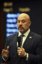 Sen. Blaise Ingoglia, R-Spring Hill, answers a question about his Senate Bill 6B - Transportation of Inspected Unauthorized Aliens Wednesday, Feb. 8, 2023, at the Capitol in Tallahassee, Fla. The bill passed 27-12. (AP Photo/Phil Sears)