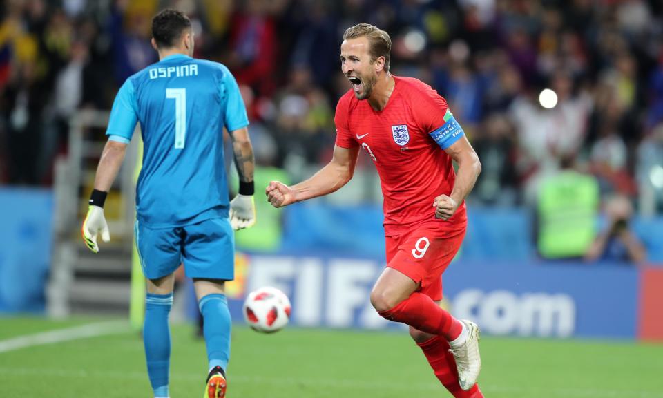 Harry Kane celebrates his penalty to give England the lead against Colombia, and needs more support in attack if England want to reach the last four and beyond.