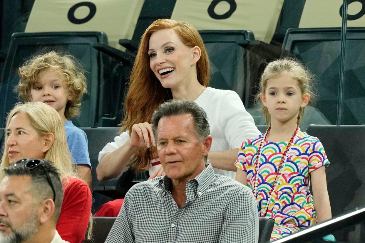 Jessica Chastain attends the women’s gymnastics qualification with children Augustus and Giulietta during the Paris 2024 Olympic Summer Games at Bercy Arena on July 28, 2024.