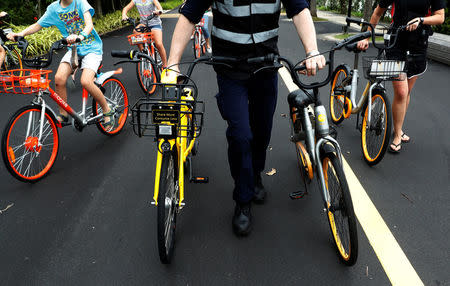 Zhivko Girginov, a Bulgarian living in Singapore, retrieves damaged shared bicycles during a volunteer bike patrol near Gardens by the Bay in Singapore January 1, 2018. REUTERS/Edgar Su