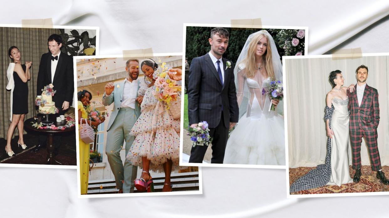 Zeena Shah, Elle McPherson-Yoon, Mary Charteris wearing alternative cool-girl Wedding dresses