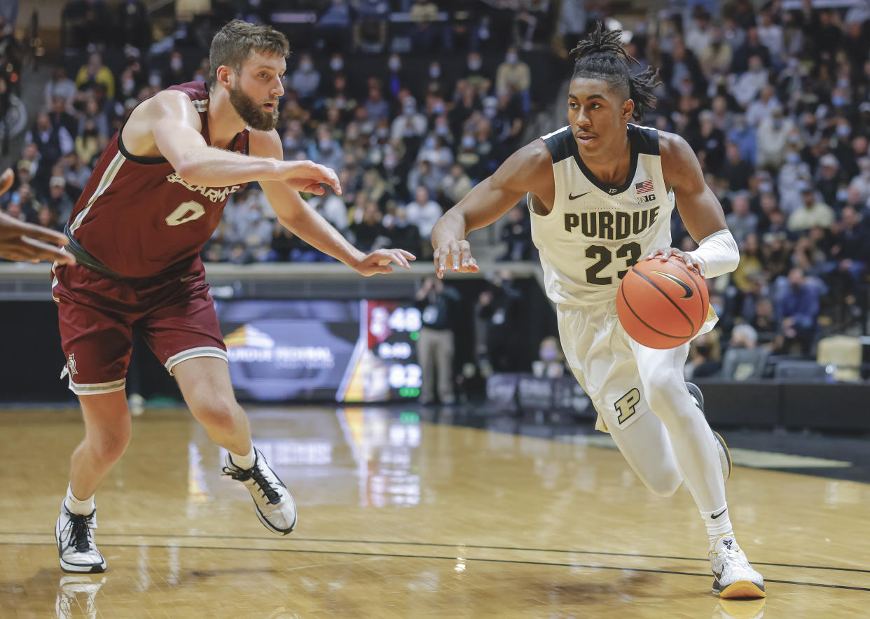 Purdue's Jaden Ivey drives to the basket against Bellarmine on Nov. 9, 2021. (Michael Hickey/Getty Images)