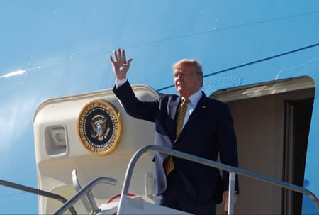 U.S. President Donald Trump disembarks from Air Force One at Los Angeles International Airport in Los Angeles