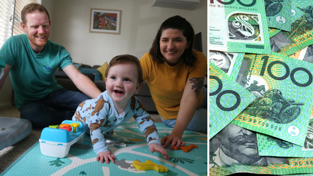 Australian family with child and Australian money notes. Family budget concept.