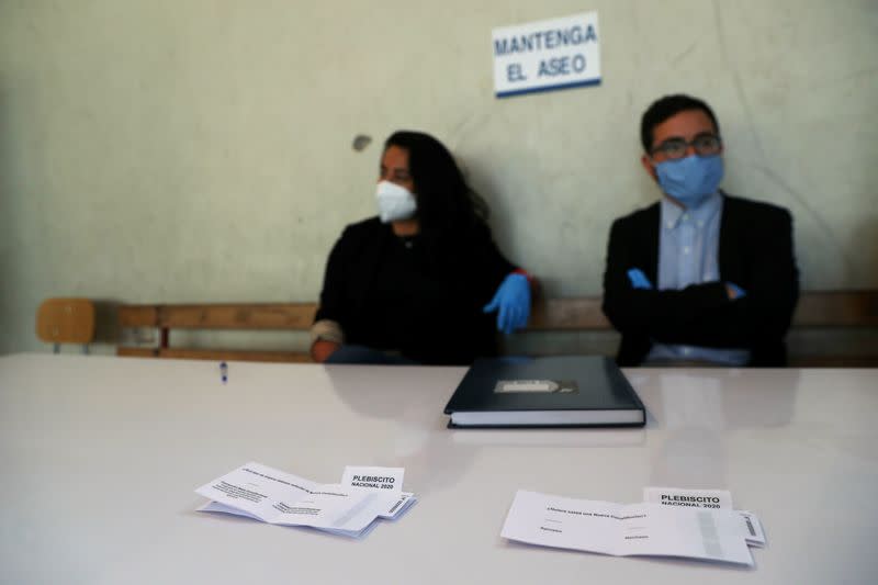 Models of ballot papers are seen inside a polling station during a voting simulation ahead of the upcoming referendum on a new Chilean constitution in Santiago