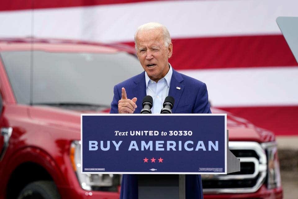 Democratic presidential candidate former Vice President Joe Biden speaks during a campaign event on manufacturing and buying American-made products at UAW Region 1 headquarters in Warren, Mich., Wednesday, Sept. 9, 2020. (AP Photo/Patrick Semansky)