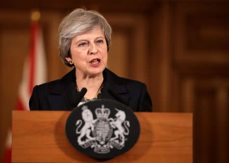 Britain's Prime Minister Theresa May holds a news conference at Downing Street in London, Britain November 15, 2018. Matt Dunham/Pool via Reuters