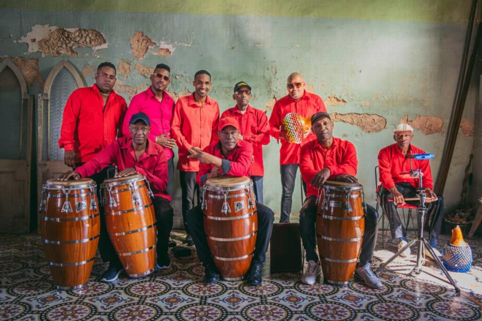 Los Muñequitos de Matanzas, from back left, Reynier Lopez, Diosdado Enier Ramos (Figurin), Juan Raul Martinez, Diosdado Ramos and Andro Mella. Front, from left, Agustín Díaz, Eddy Espinosa, Freddy Alfonso and Facundo Pella. (Photo courtesy of GroundUP Festival)