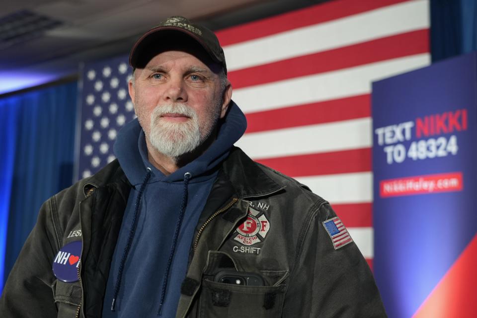 Steven Lesniak, from Dover, New Hampshire, attended a campaign stop from presidential candidate Nikki Haley in Rochester, New Hampshire.