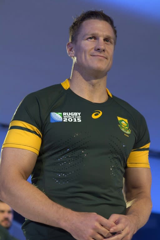 Jean de Villiers, captain and inside centre of South Africa's national rugby union team the Springboks, stands at the unveiling of the team's new jersey in Cape Town on June 4, 2015, as part of the preparations for the upcoming 2015 Rugby World Cup