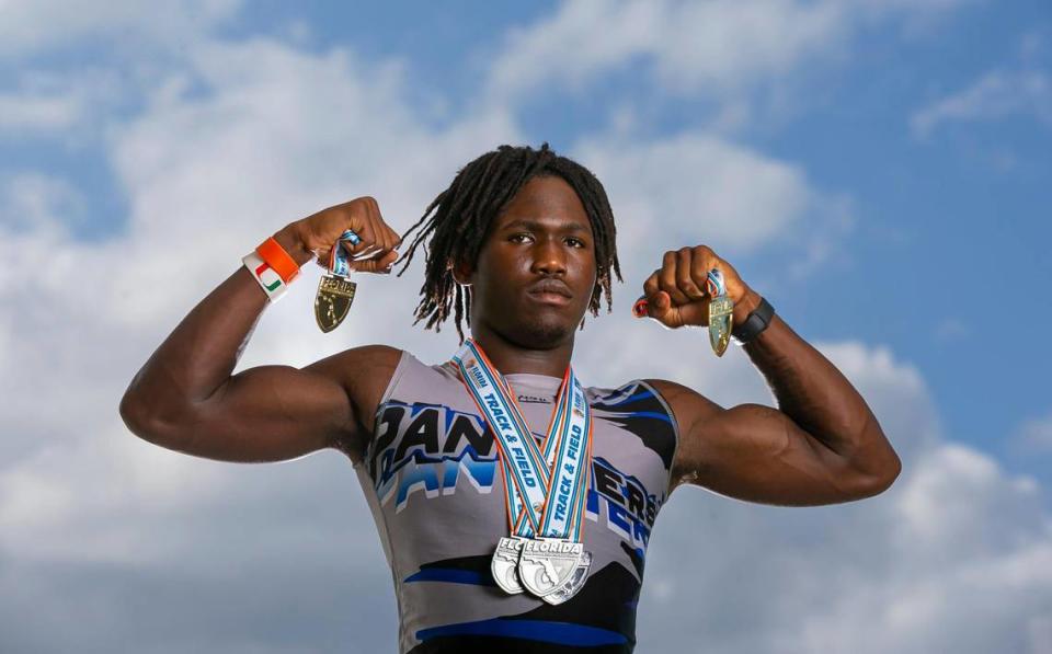 Broward Track and Field Athlete of the Year Chris Johnson, from Dillard High School, is photographed at Brian Piccolo Park in Cooper City, Florida on Friday, May 27, 2022.