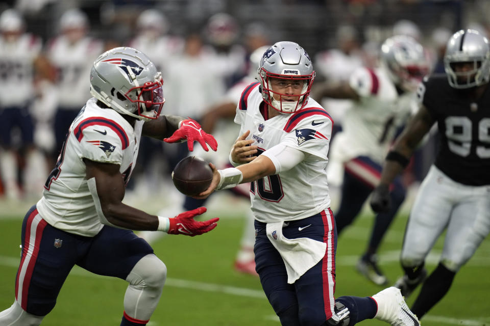 New England Patriots quarterback Mac Jones (10) and the Pats offense struggled against the Raiders. (AP Photo/John Locher)