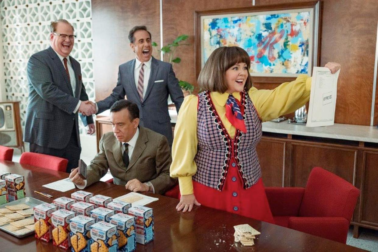 (L to R) Jim Gaffigan as Edsel Kellogg III, Jerry Seinfeld as Bob Cabana, Fred Armisen as Mike Puntz and Melissa McCarthy as Donna Stankowski in Netflix's "Unfrosted: The Pop-Tart Story."