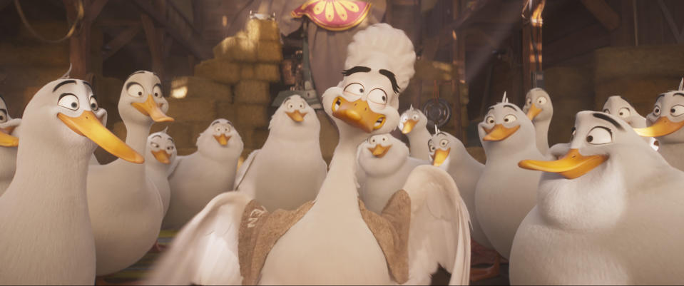 This image released by Illumination Entertainment & Universal Pictures shows Googoo, voiced by David Mitchell, center, in a scene from "Migration." (Illumination Entertainment & Universal Pictures via AP)