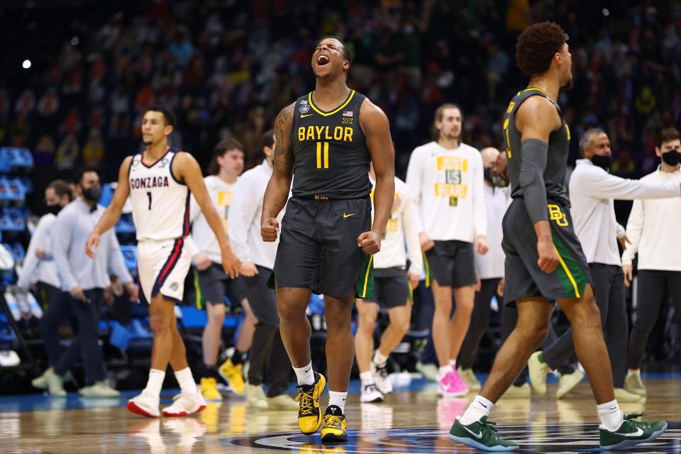 Mark Vital (11) of the Baylor Bears reacts to play against the Gonzaga Bulldogs during Monday's national championship game. (Photo by Jamie Schwaberow/NCAA Photos via Getty Images)