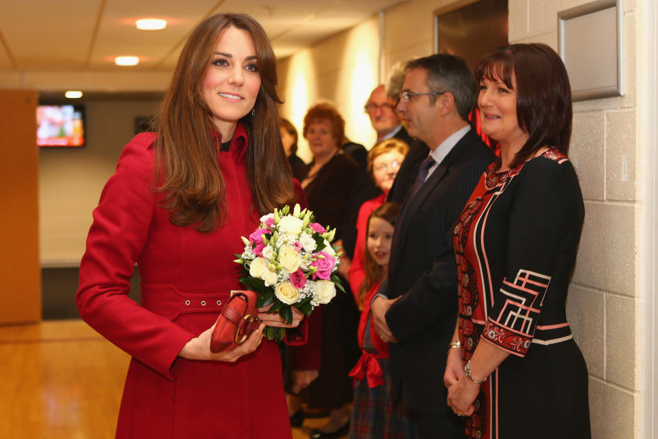 CARDIFF, WALES - NOVEMBER 24:  Catherine, Duchess of Cambridge holds a bouquet of flowers as she arrives at the Autumn International rugby match between Wales and New Zealand at the Millennium Stadium, Cardiff on November 24, 2012 in Cardiff, Wales.  (Photo by Michael Steele - WPA Pool/Getty Images)