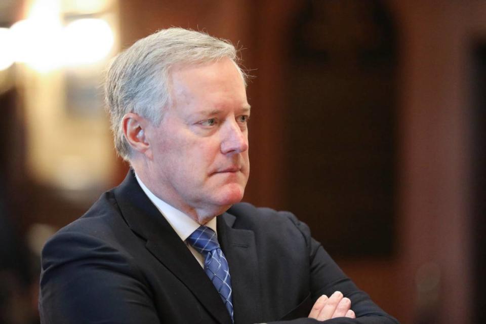 Former White House Chief of Staff Mark Meadows listens during an announcement of the creation of a new South Carolina Freedom Caucus at a news conference on April 20, 2022 in Columbia, S.C.