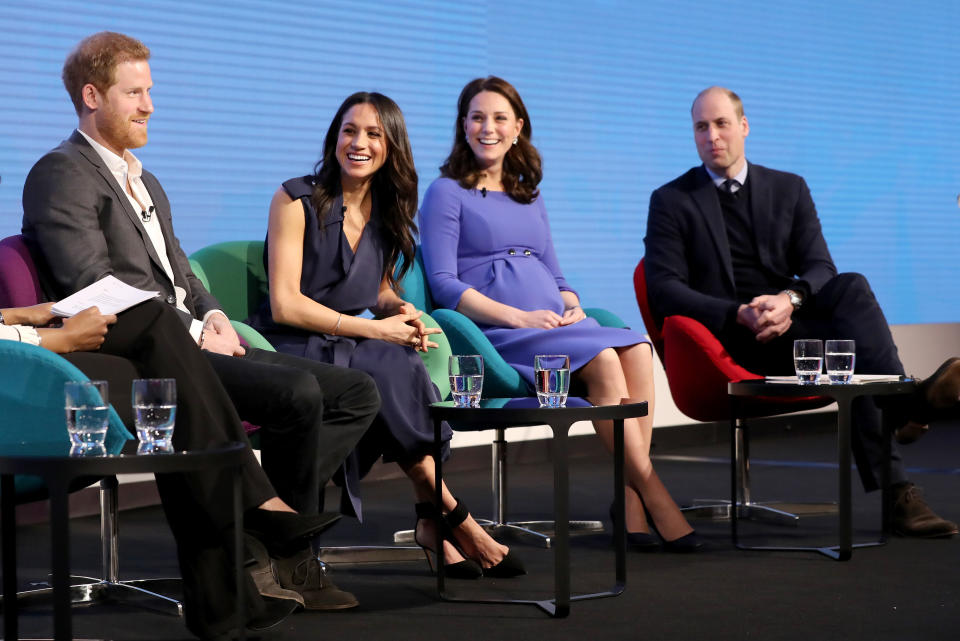 Prince Harry, Meghan Markle, Kate Middleton, Duchess of Cambridge and Prince William, Duke of Cambridge attend the first annual Royal Foundation Forum on February 28, 2018 in London.