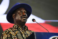 Kenyan presidential candidate Raila Odinga delivers an address to the nation at his campaign headquarters in downtown Nairobi, Kenya, Tuesday, Aug. 16, 2022. Kenya is calm a day after Deputy President William Ruto was declared the winner of the narrow presidential election over longtime opposition figure Raila Odinga. (AP Photo/Ben Curtis)