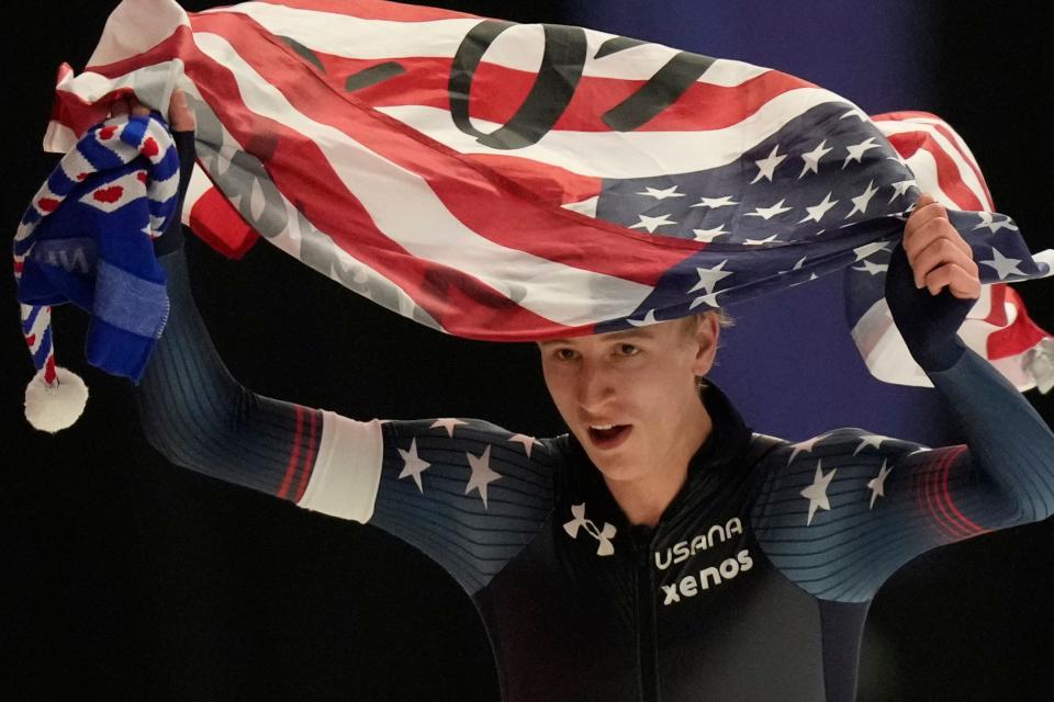 Jordan Stolz of Kewaskum celebrates after the men's 10,000-meters as he wrapped up the allround title at the ISU World Speedskating Championships in Inzell Germany, on Sunday.