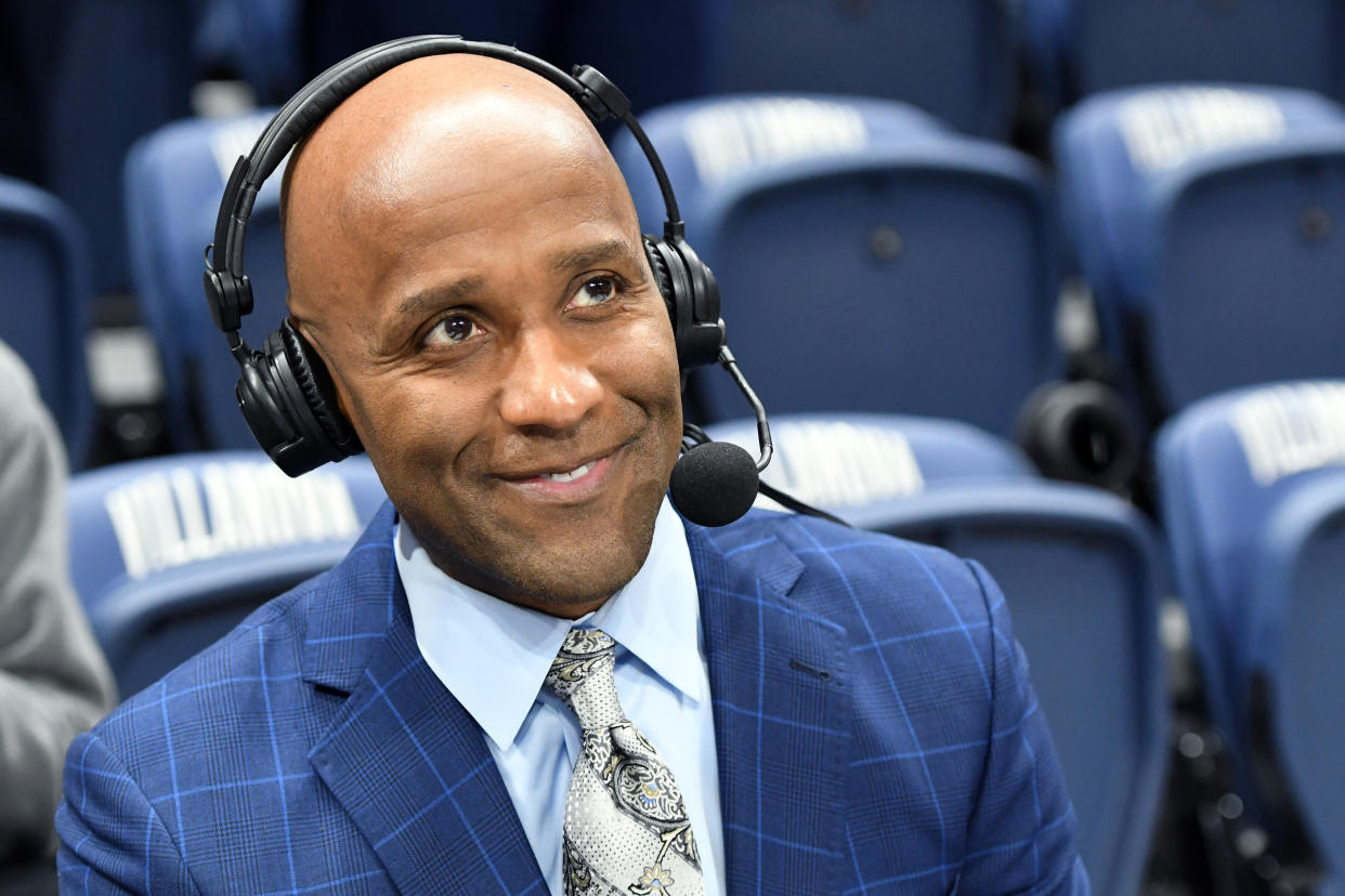 College basket announcer Brian Custer on the air before a college basketball game between the Villanova Wildcats and the DePaul Blue Demons at the Finneran Pavilion on January 14, 2020. (Photo by Mitchell Layton/Getty Images)