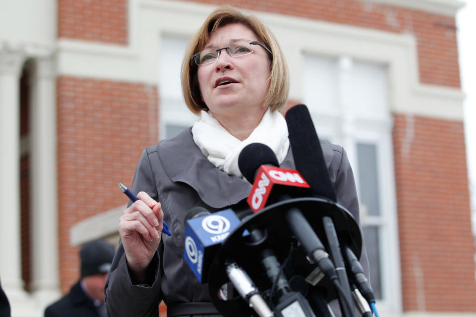 Special Prosecutor Jean Peters Baker makes a statement at a press conference outside the Nodaway County Courthouse in Maryville, Mo., Thursday, Jan. 9, 2014. Matthew Barnett pleaded guilty to child endangerment Thursday for his role in leaving an intoxicated 14-year-old girl in the cold outside her home two years ago. (AP Photo/ St. Joseph News-Press, Sait Serkan Gurbuz)