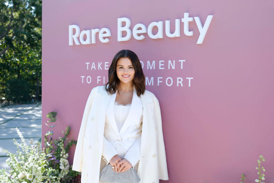 Selena Gomez, launch, Rare Beauty's Find Comfort Body collection, Giuseppe di Morabito suit, Jan. 10, Los Angeles