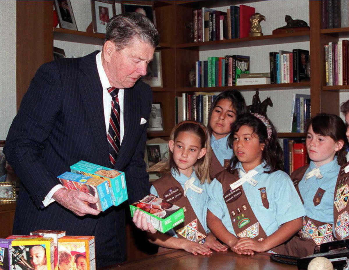 President Ronald Reagan Receives Cookies From Girl Scouts, 1980s