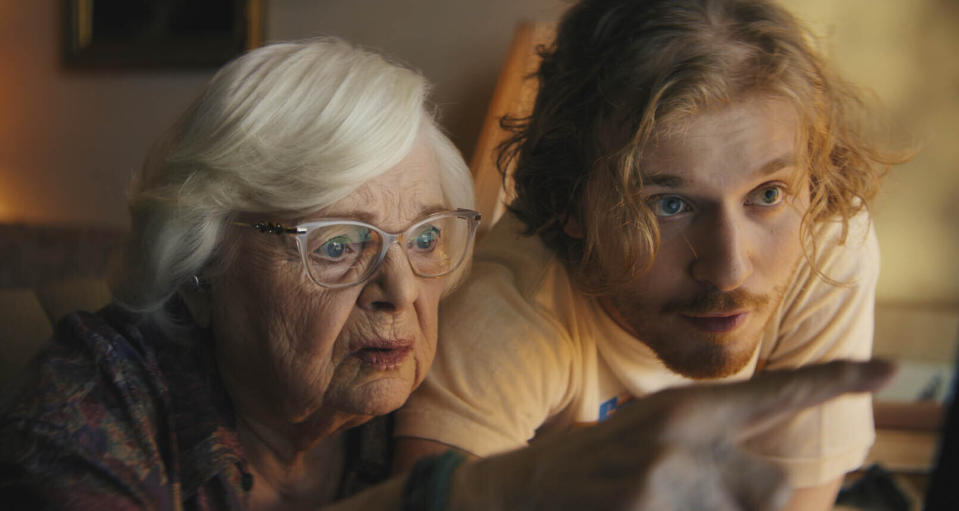 This image released by Magnolia Pictures shows June Squibb, left, and Fred Hechinger in a scene from the film "Thelma." (Magnolia Pictures via AP)