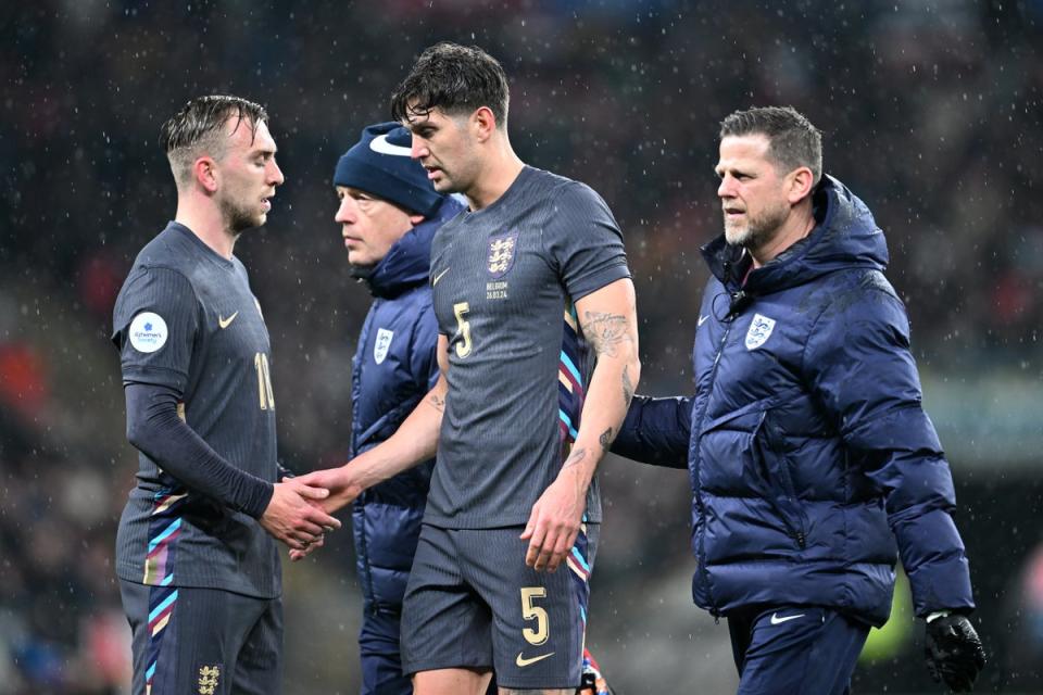 Stones picked up an abductor injury early in the 2-2 draw against Belgium  (The FA via Getty Images)