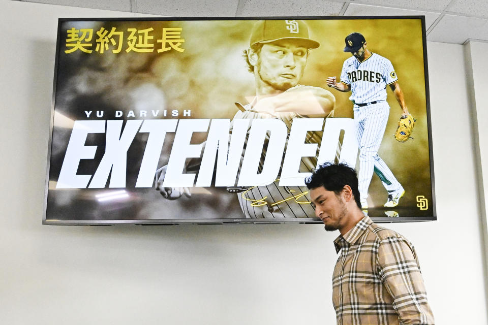 San Diego Padres pitcher Yu Darvish arrives at a news conference held to announce a six-year contract extension with the Padres Friday, Feb. 10, 2023, in San Diego. (AP Photo/Denis Poroy)