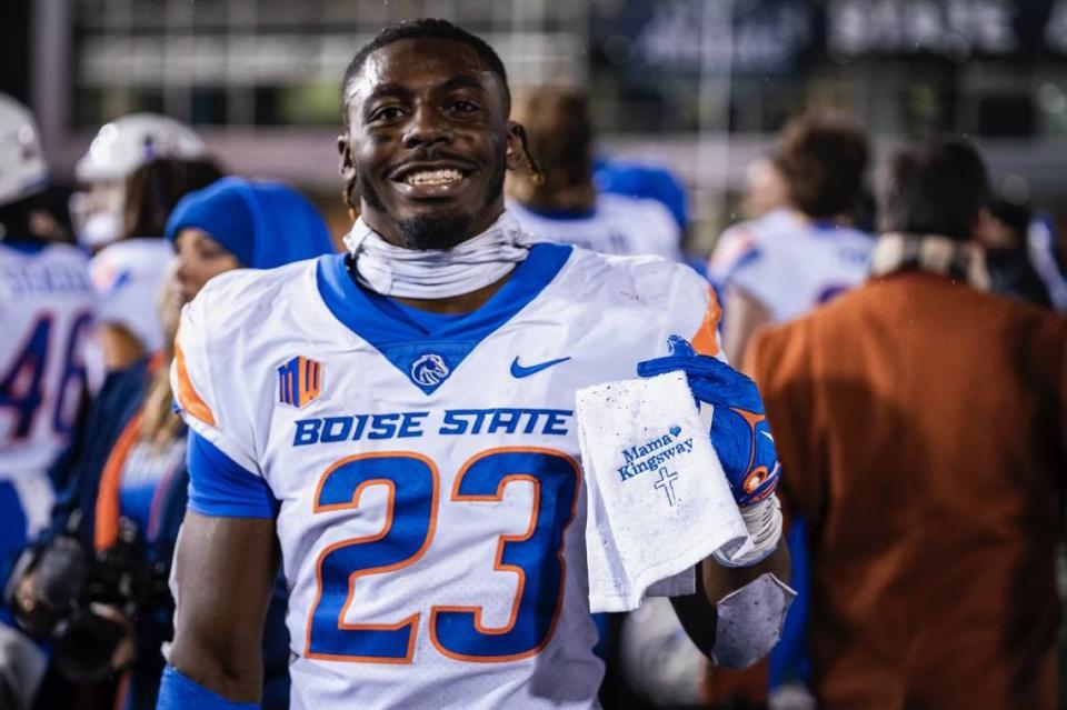 Boise State defensive back Seyi Oladipo had a towel made that was inscribed with a blue cross and the words “Mama Kingsway,” which is a reference to a now-defunct department store that his grandmother, Olufunke Esther Oladipo, worked at in Nigeria.