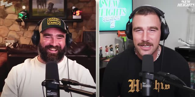 <p>New Heights/Youtube</p> Jason and Travis Kelce on 'New Heights'