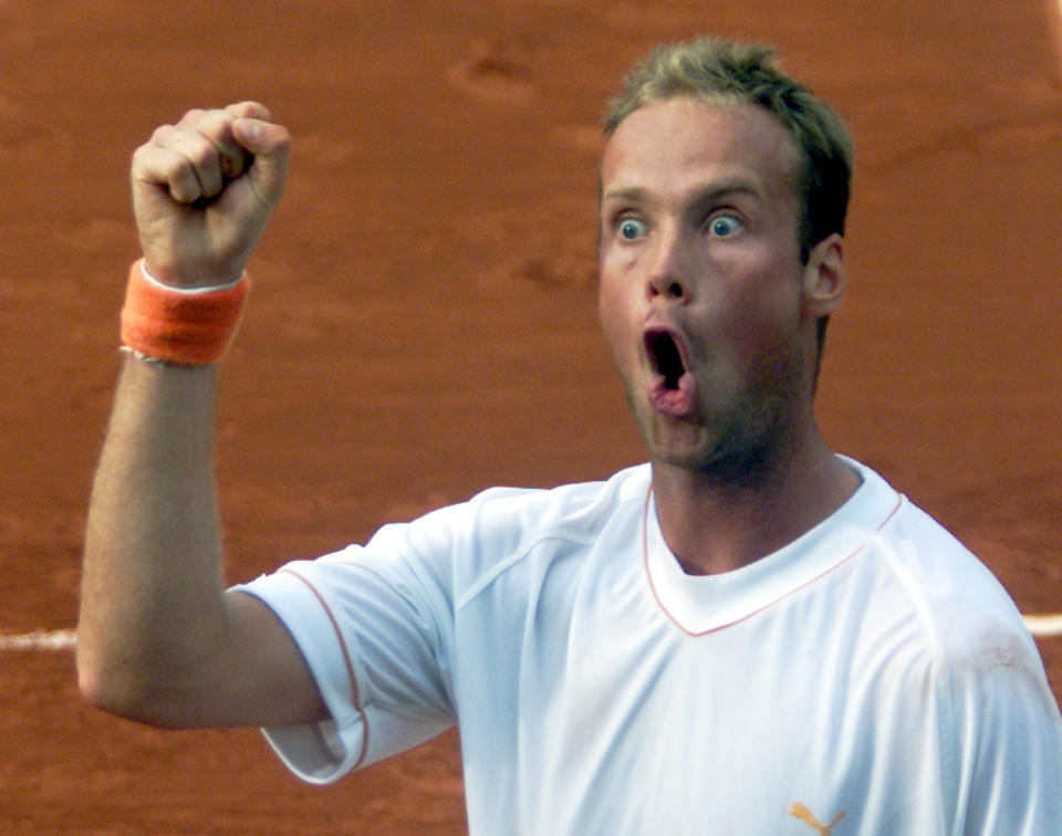 FILE - In this June 3, 2003, file photo, Netherlands' Martin Verkerk reacts as he faces Spain's Carlos Moya in a quarterfinal match of the French Open tennis tournament at Roland Garros stadium in Paris. Verkerk won 6-3, 6-4, 5-7, 4-6. (AP Photo/Lionel Cironneau, File)